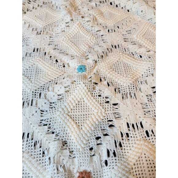 Vtg Handcrafted Whiter Knit Crochet Blanket With Colorful Flowers 67”x61” - Picture 3 of 7